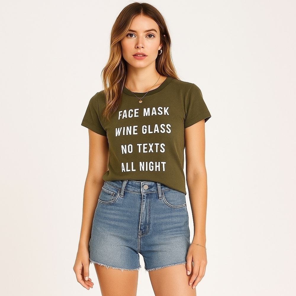 Wildfox "Face Mask Wine Glass No Texts" Graphic Tee – XS – Olive Green – EUC